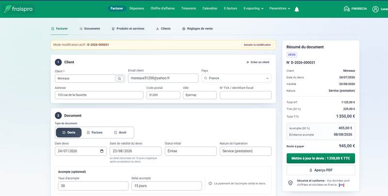 Fraispro Micro – création d'un devis